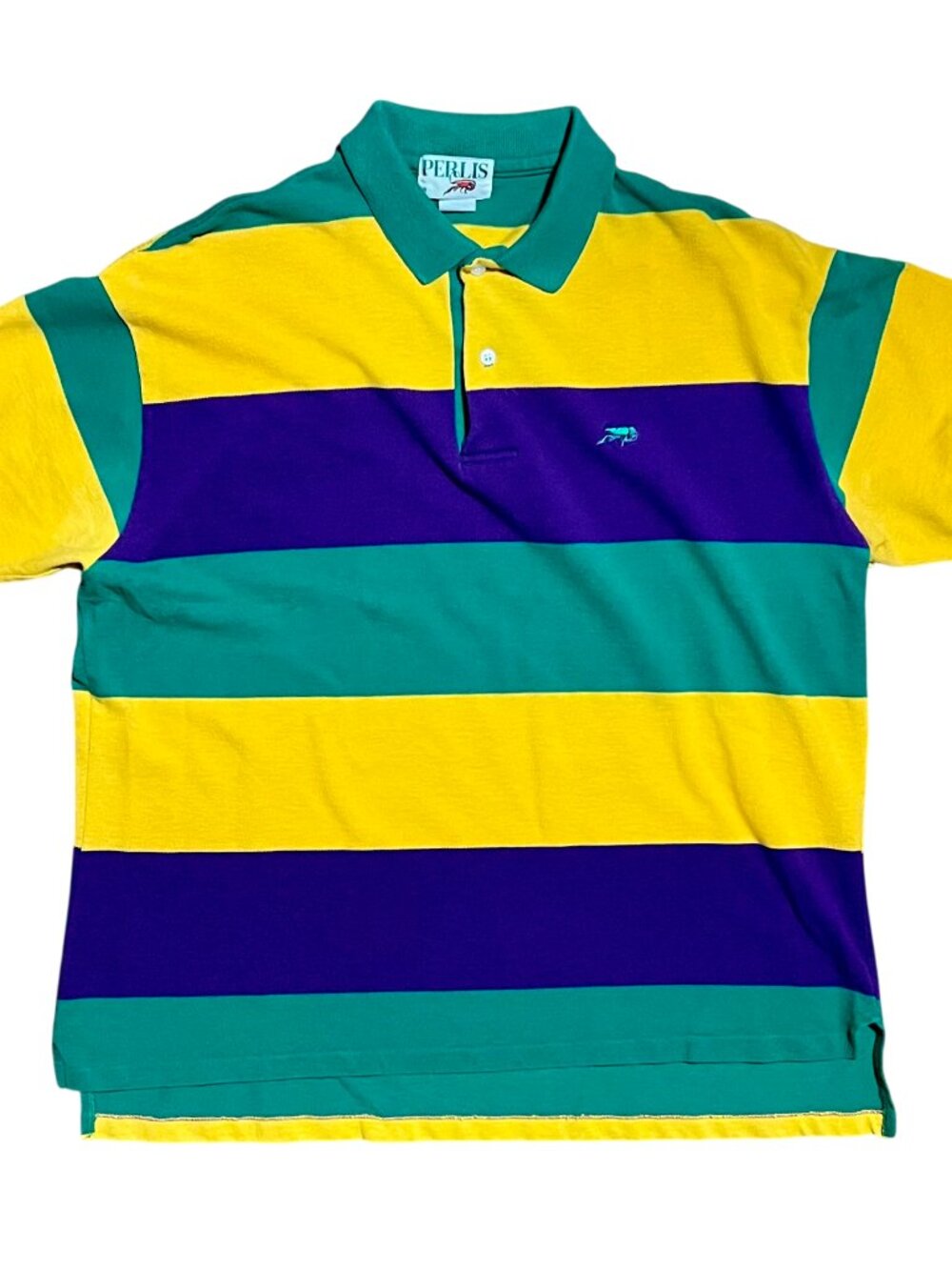 Perlis Vintage Embroidered Crawfish Mardi Gras Striped Polo Shirt, Men's XL
